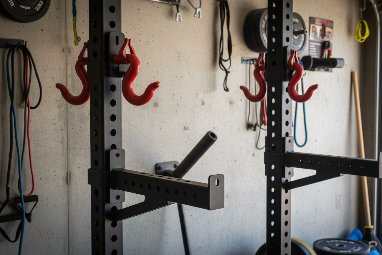 Wall rack detail showing J-hooks, safety spotters, and landmine swivel base installed