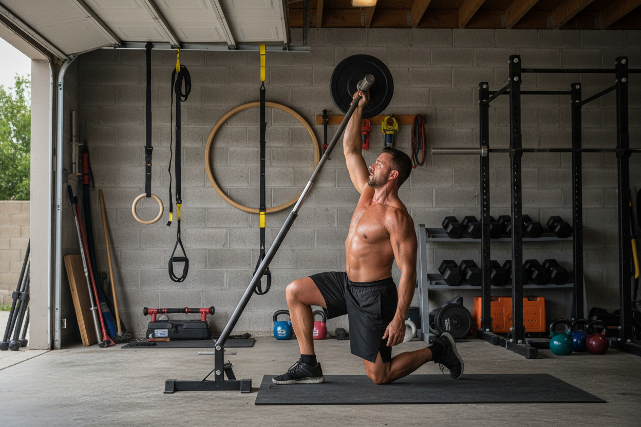 Athlete performing landmine press in garage gym with rings and TRX straps organized above